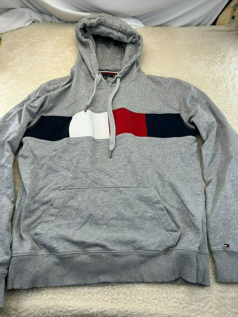 Tommy Hilfiger Mens Hoodie Gray XL Cotton Blend Logo Colorblock Pull-Over Ribbed